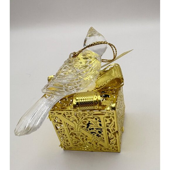 Cardinal Bird on Present Christmas Tree Ornament Light Up Gold Tone Ornate Gift - Picture 6 of 7